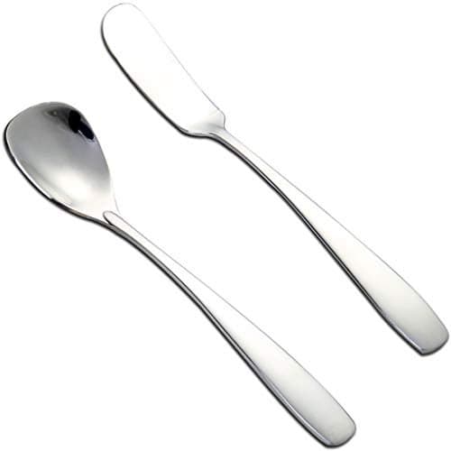 Goeielewe 2-Pack Stainless Steel Cheese Spreader and Dessert Spoon Set, Yogurt Spoon, Spatula Knife for Cheese, Jelly, Jam, Dessert, Appetizers, Sandwich, Ice Cream Butter Knife
