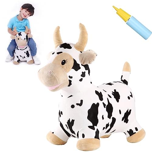 INPANY Bouncy Cow Farm Animal Hopper Toys Toddler Plush Bouncing Inflatable Bouncer Ride on Hopping Horse Indoor Outdoor Cowboy Rodeo Birthday Party Decorations Gifts for 2 3 4 Year Old Girls Boys