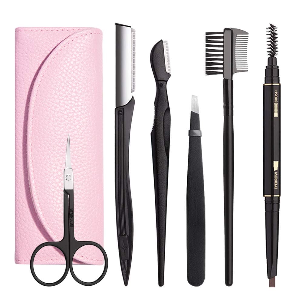 Eyebrow Kit 6 in 1 Tweezers for Eyebrows Allinone Eyebrow Grooming Set Dermaplaning Tool Eyebrow Razor Brush Scissors Brown Eyebrow Pencilwith Storage Pouch APink