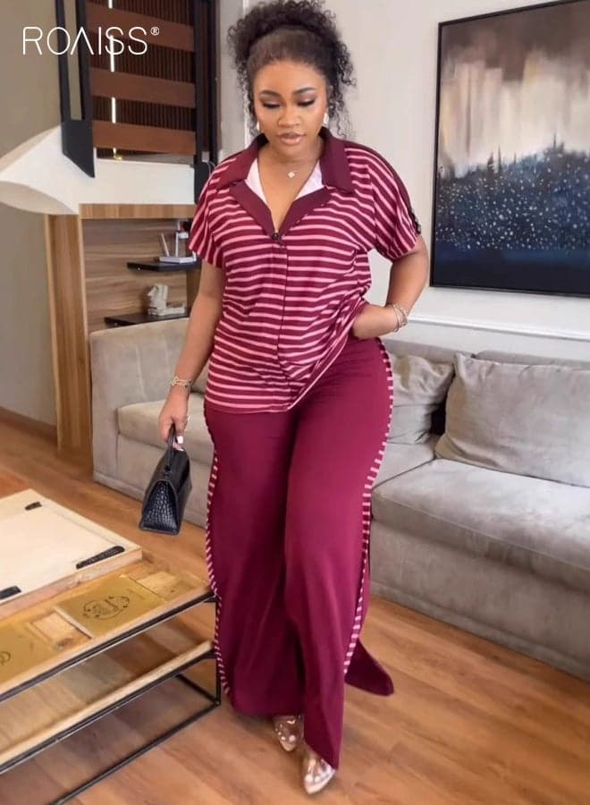 Women's Summer Two-Piece Set Short Sleeve Striped Top and Casual Trousers for Sports and Leisure, Lightweight and Breathable Fabric for Hot Weather, Comfortable and Stylish Outfit