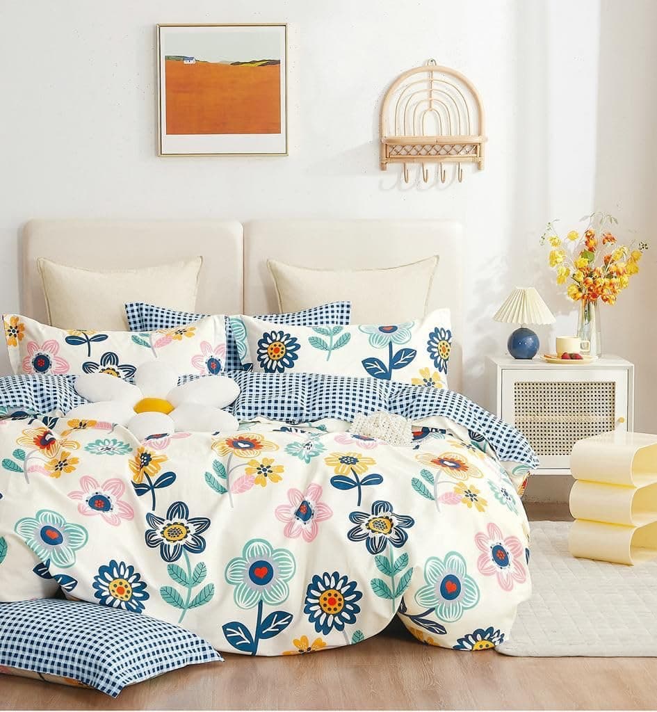 DECOMIZER XL Microfiber Soft Cotton Queen Bedsheet for Double Bed, Queen Size 90 Inches X 100 Inches, 230 X 250 cm with 2 Large Size Pillow Covers Without Joint - Blue Sunflower
