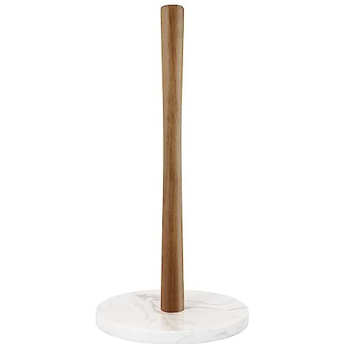 Buruis Wood Paper Towel Holder, Marble Base Modern Decorative Countertop Standing Rolls Holder for Kitchen, Toilet, Pantry and Bathroom (Marble Base White)