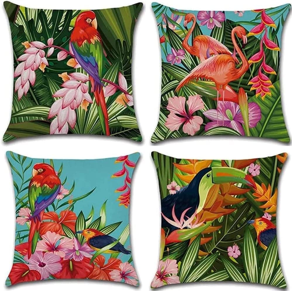 Cushion Covers Set, Outdoor Waterproof Green Leaf of 4 Tropical Plant Square Linen Throw Pillow Covers, Suitable for Sofa Garden, Terrace, Bench Home Bed Decorative Cushion Cover, 45 x 45cm