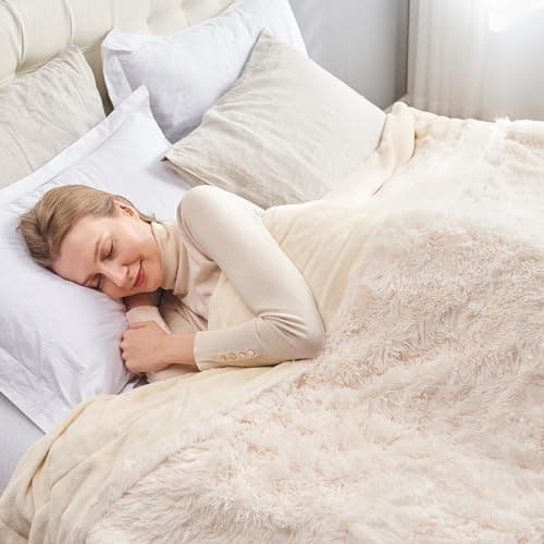 GONAAP Fuzzy Faux Fur Throw Blanket Queen Size Ivory Super Soft Cozy Plush Fuzzy Shaggy Blanket for Couch Sofa Bed (Ivory, Queen(90"x90"))