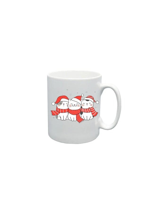 BYFT White Printed Mug 100 % Ceramic Set of 1 (300 Ml, Three Cats With Scarf & Christmas Cap)