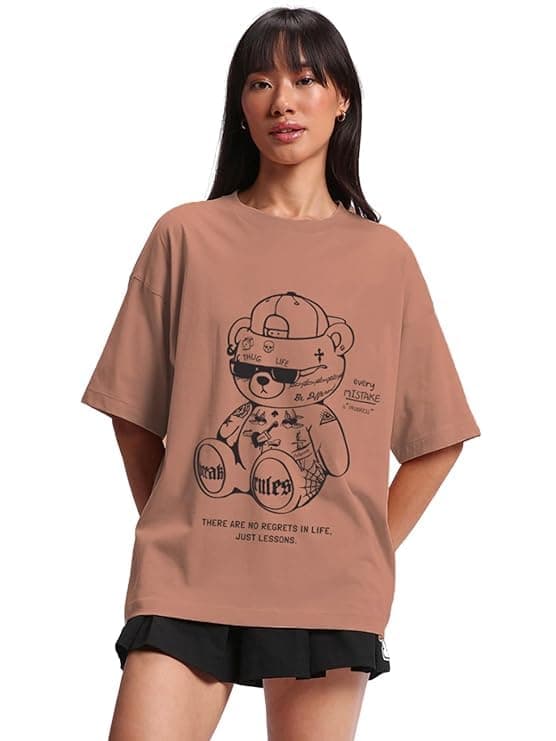 JUNEBERRY® Pure Cotton Half Sleeve Printed Oversized Baggy t Shirt for Women | Loose Graphic t Shirts for Women/Girls (GL_OS_BRKRULSTDY_CRK_S)