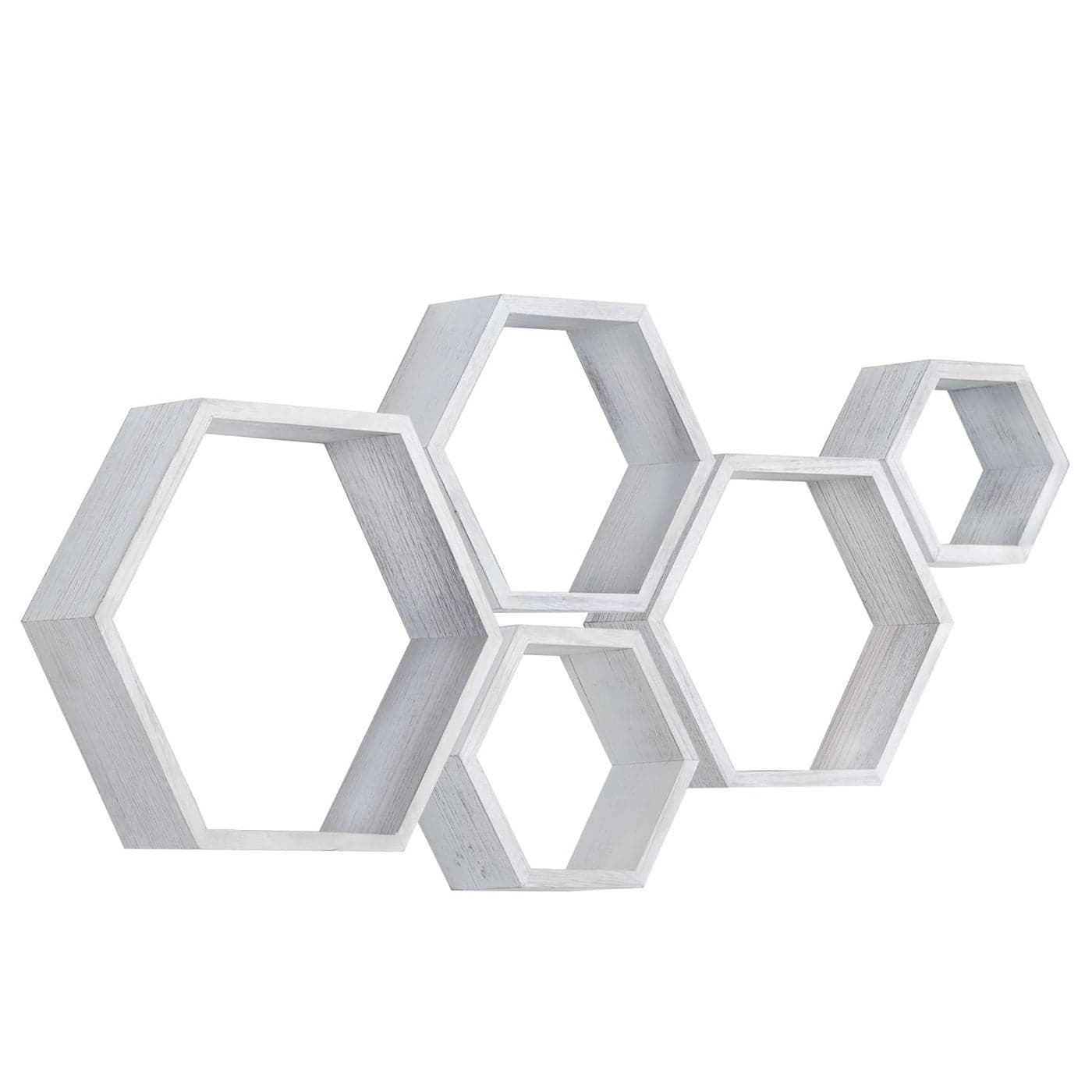 PHOENANCEE Hexagon Floating ShelvesWall Mounted Wood Farmhouse Storage Honeycomb Wall Shelf Set of 5for Bathroom Kitchen Bedroom Living RoomOfficeDriftwood Finish Weathered White