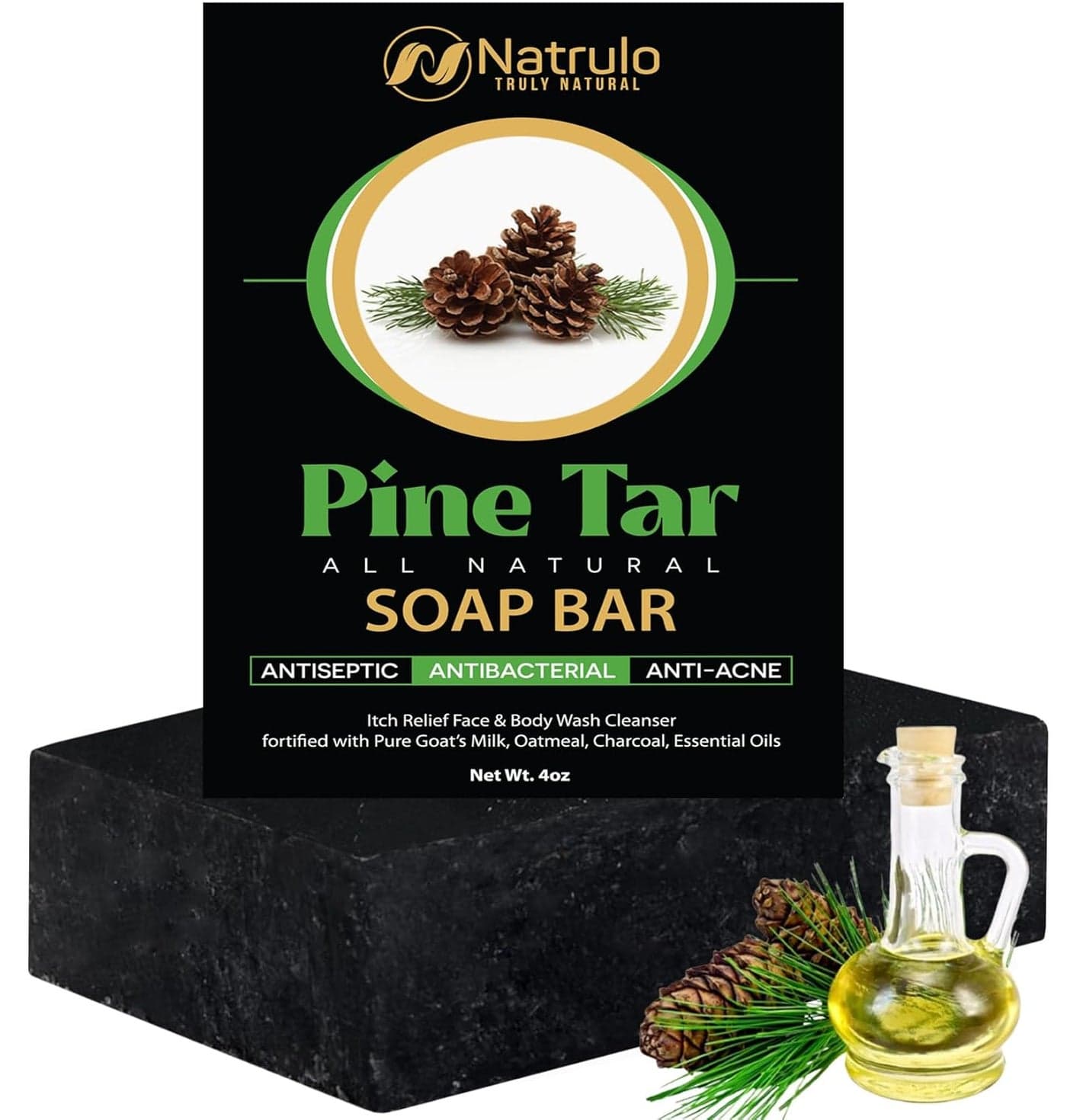 All Natural Pine Tar Soap Bar 4oz Cleansing Anti Acne Eczema Psoriasis Itch Relief Pine Tar Face Body Wash Cleanser Pure Goats Milk Soap with Oatmeal Charcoal Essential Oils Made in USA