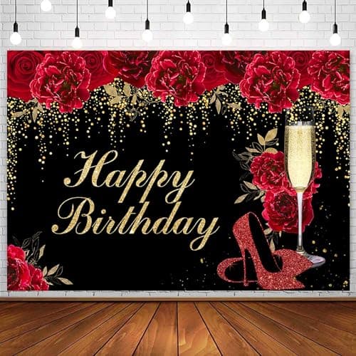 Sensfun 7x5ft Red Floral Birthday Backdrop Magenta Flowers High Heels Birthday Party Decorations Glitter Gold Dots Women Happy Birthday Banner Photoshoot Photography Background Party Supplies