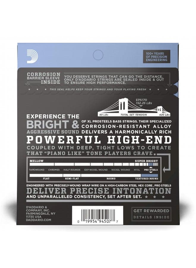 D'Addario XL ProSteels Bass Guitar Strings - EPS170 - Long Scale - Regular Light, 45-100