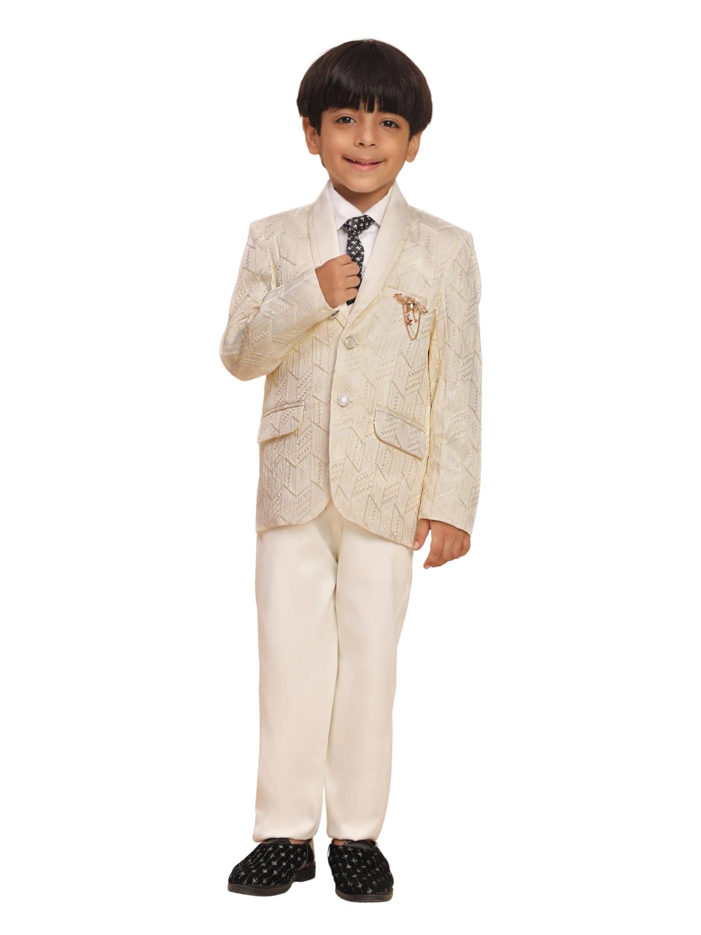Pro-Ethic Style Developer 5 Piece Boys Embellished Suit Set for Kids Wedding Outfit | Set of Shirt, Regular Fit Pants, Coat, Waistcoat and Tie for Kids, White, 11-12 Years