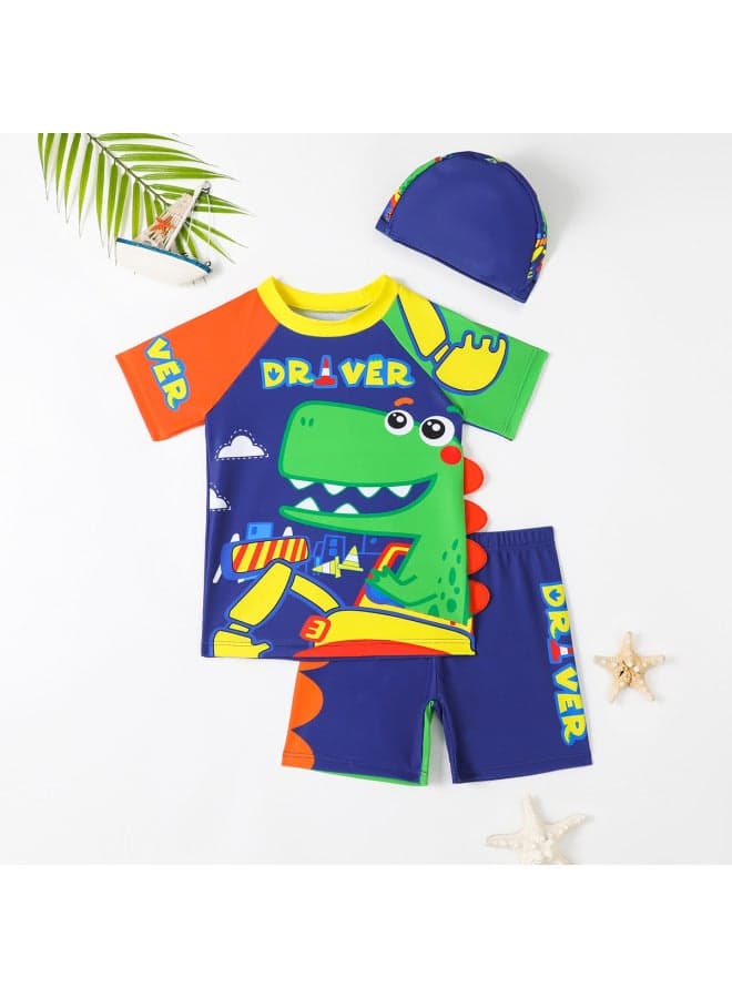 Children's Swimsuit Boys' Short-sleeved Swimsuit 2024 Dinosaur Graffiti Split Three-piece Boys' Swimsuit-Color:Color-