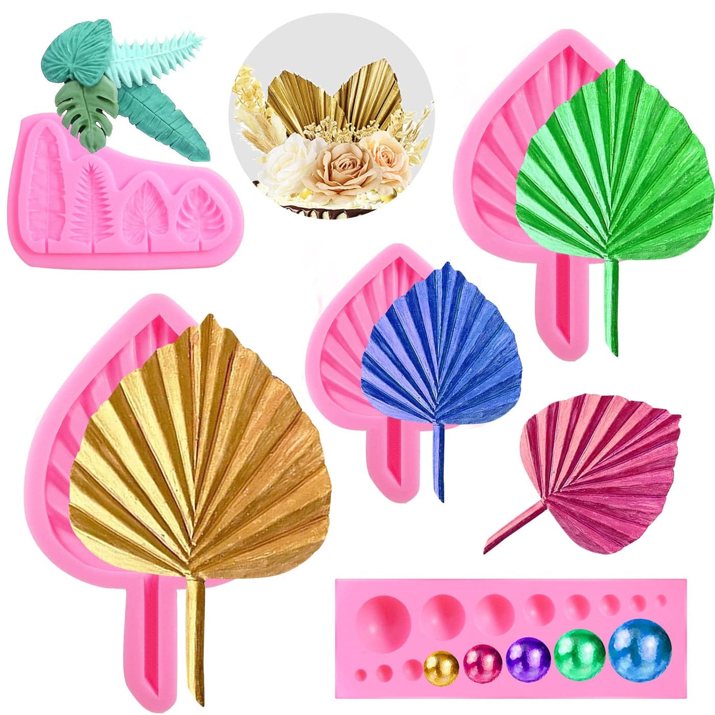 5 Pieces Fan Leaf Mold Palm Leaves Molds Pearl Sphere Boho Candy Molds Silicone Fondant Clay Mold for Crafts