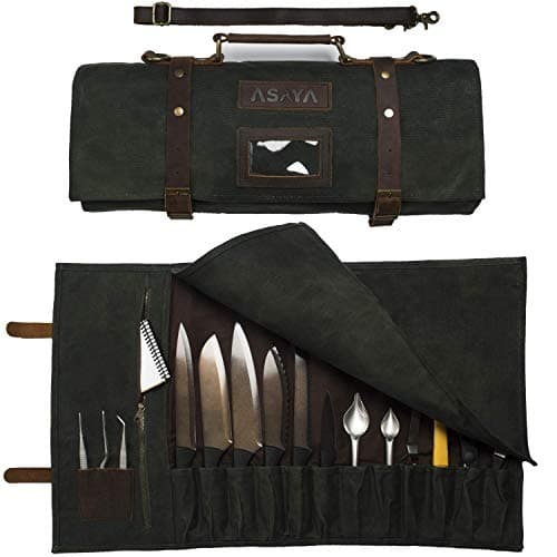 Asaya Waxed Canvas Knife Roll - 15 Knife Slots, Card Holder and Large Zippered Pocket - Genuine Leather, Cloth and Brass Buckles - for Chefs and Culinary Students - Knives Not Included