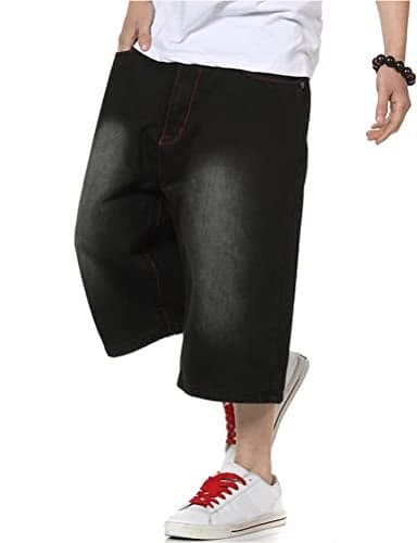 Kinghua Black Baggy Jean Shorts for Men Casual Loose Fit Hip Hop Denim Shorts (Black, 36)