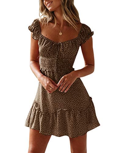 YOBECHO Womens Summer Ruffle Sleeve Sweetheart Neckline Printing Dress Mini Dress (Small, Khaki)