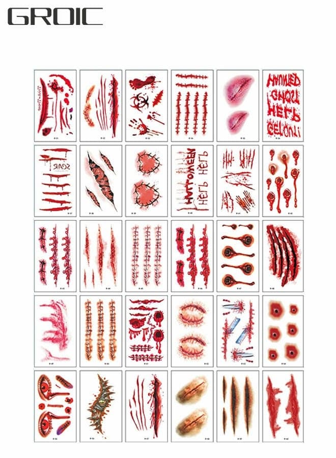30 Sheets Temporary Scar Tattoos Stickers Realistic Wound Scab Horror Body Face Decals Prank Props Makeup Masquerade Zombies Party Supplies Decor Wounds for Cosplay
