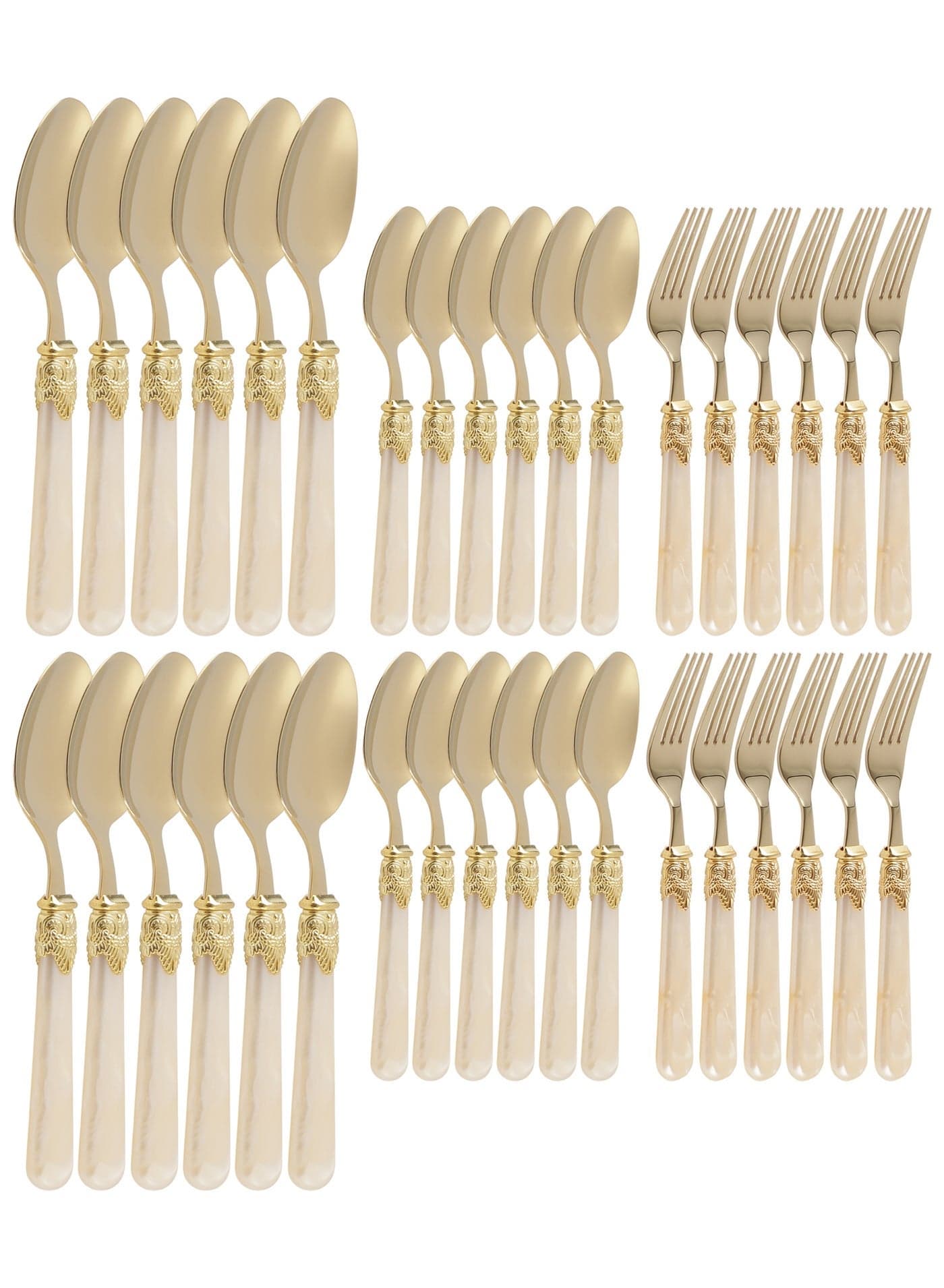 Life Smile 36-Piece Gold Cutlery Set with White Resin Handles | 18/10 Stainless Steel | Service for 12 | Dinner Spoons, Tea Spoons & Cake Forks | Elegant Tableware