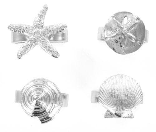 Pewter Seaside Seashell Starfish Napkin Rings Set of 4