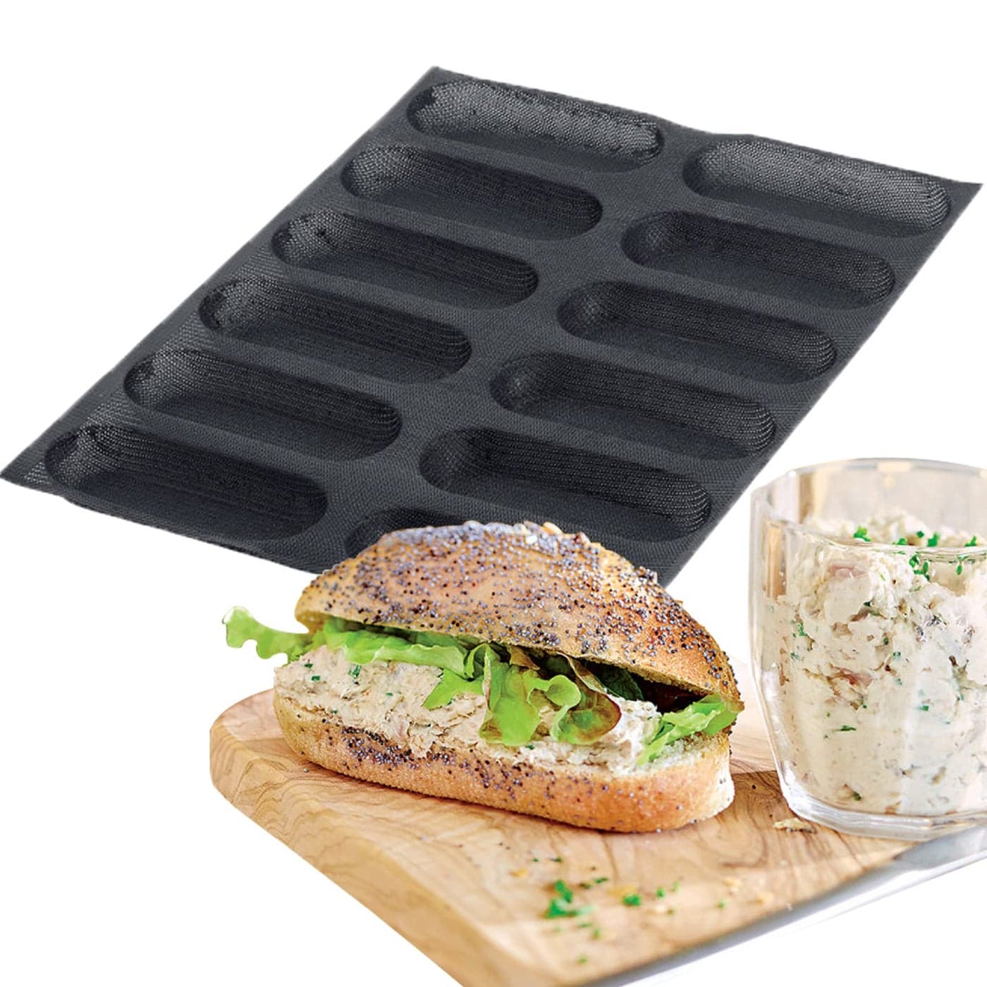 FETESUR Silicone Perforated Bread Mold for Baking 12 Individual Oblong Baking Forms Hot Dog Bun Mold Silicone Molds for Making Crispy Bread Rolls Eclairs and Milk Breads