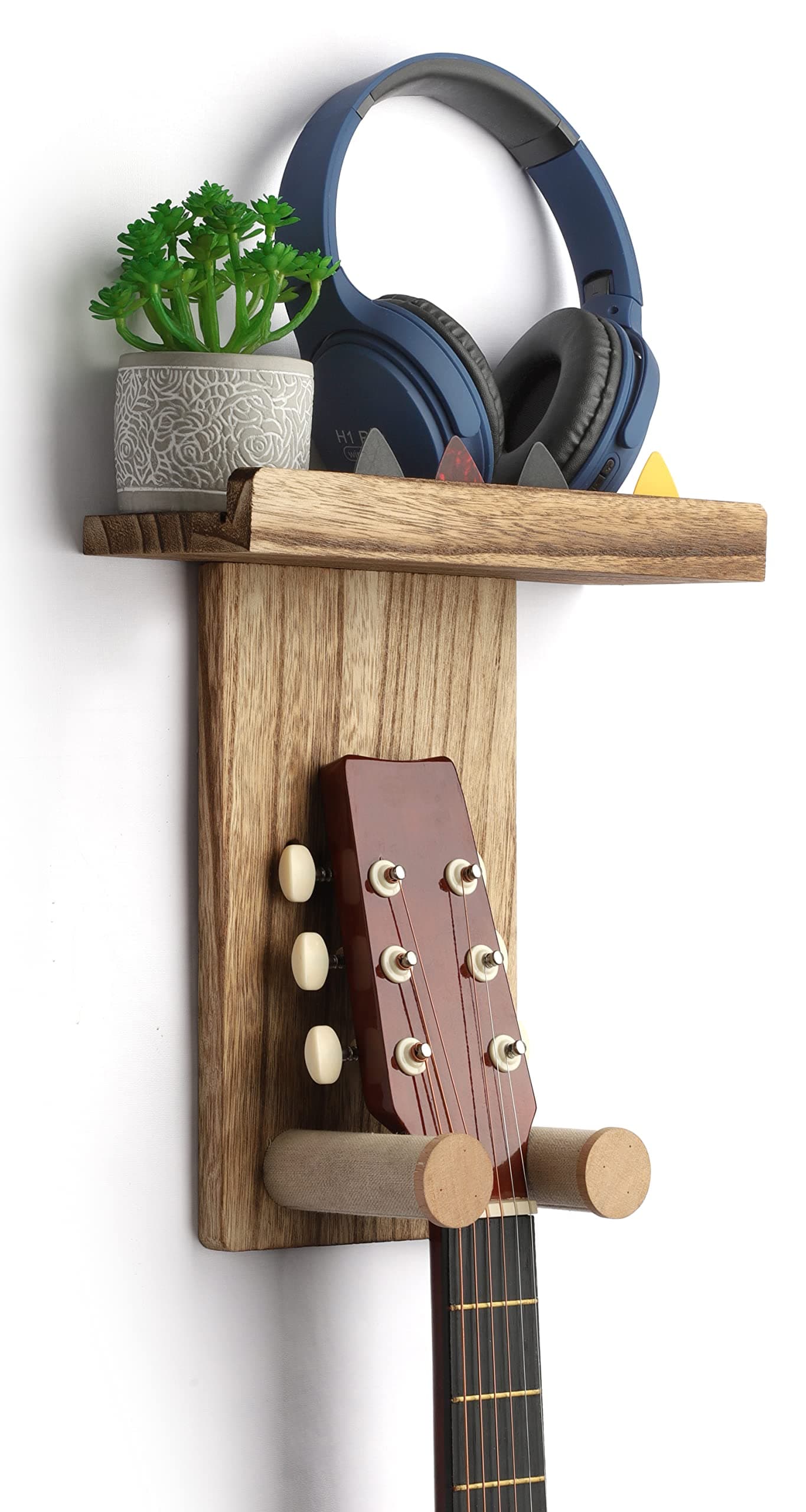 Keebofly Guitar Wall Mount Hanger with Rustic Wood Shelf Single Pack Wall Hook Rack for AcousticElectric Guitars Bass Ukulele BrownPatented