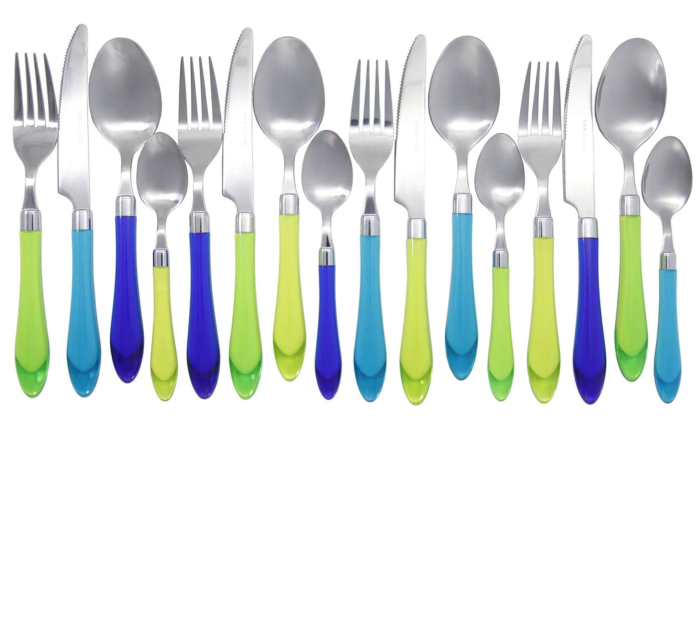 The Original Brink House Sea Blue Green Mix & Match Stainless Steel Cutlery Set with Translucent Handles / 16 pieces with Metal Stand/Lifestyle utensils set for home, apartment, dorm, outdoor events