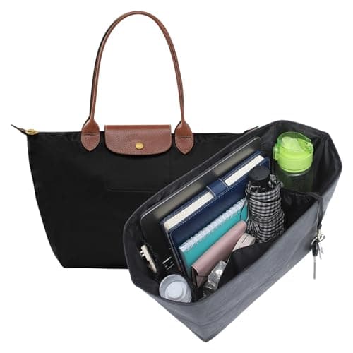 Doxo Purse Organizer Insert for Longchamp Le Pliage Large, 6-Compartment Bag Organizer with YKK Zipper Pocket, Cup Holder, Key Chain, Waterproof DupontPaper Lightweight Handbag Shaper (Black,L)