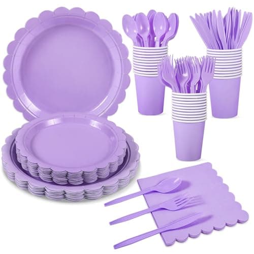 Xiangqu 175 Pcs Lavender Paper Plates and Napkins, Light Purple Party Supplies Include Scalloped Lavender Plates Napkin Cup Plastic Cutlery for Garden Party, Baby Shower, Wedding, Birthday
