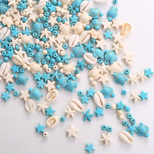 HERZWILD 344Pcs Turquoise Sea Turtle Beads Blue and White Starfish Beads Tortoise Turtle Charms Summer Beach Animal Spacer Bead Shell Bead for Jewelry Making DIY Bracelet Necklace 8 Strings