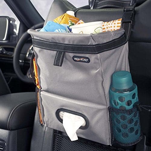High Road Car Back Seat Trash Bag with Tissue Holder and Cup Holder Pockets - Holds Full Size Tissue Box - 2 Gal Covered Car Trash Can