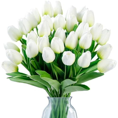Sggvecsy 15 Pcs Fake Tulips Artificial Flowers Real Touch PU Faux Flowers Tulip Stems for Wedding Spring Bouquet Floral Arrangement Home Party Office Decorations for Mother's Day (Green White)