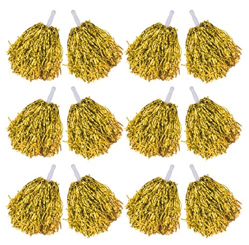 Comicfs 12 Pcs Pom Poms Cheerleading Cheerleader Pom Poms Spirited Cheer Pom Poms Cheerleader Pom Poms Baton Handle Metallic Foil Fun Pom Poms for Sports Team Party Dance (Metallic Foil- Gold)