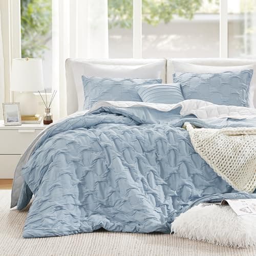 Comfort Spaces Comforter for King Size Bed Ogee Ruched with Crinkle Texture Breathable Comforter Set King All Season Lightweight Bedding Set Shams Dcor Pilow KingCal King Blue 4 Piece