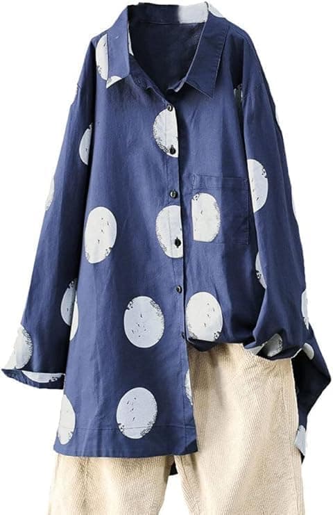 Minibee Women's Button Down Tunic Tops Polka Blouse Cotton Shirt (M, Style1 Blue)