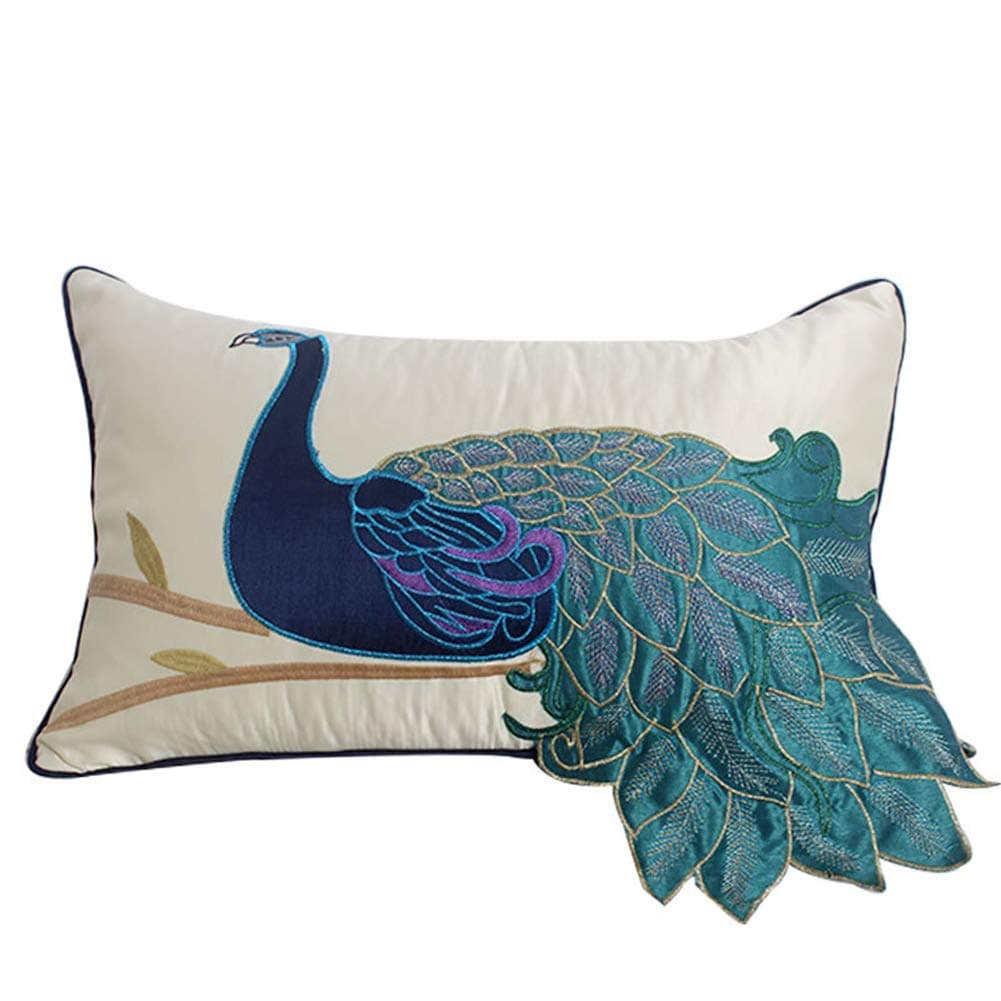 vctops Embroidered Peacock Decorative Throw Pillow Case Silky Satin Cushion Cover Peacock 3 12X20