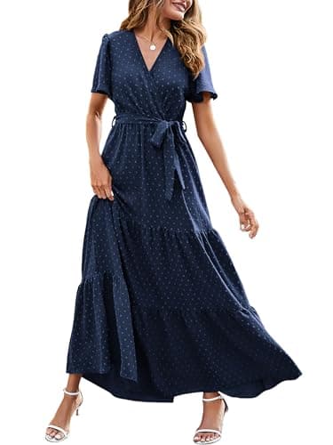 MASCOMODA Women Boho Swiss Dot Maxi Dresses Wrap V Neck Flutter Short Sleeve Solid Tie Waist A Line Tiered Flowy Long Dress(Navy,Large)