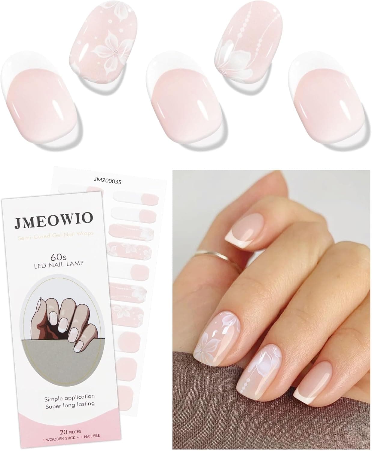 JMEOWIO Gel Nail Stickers French Tip White Flower Semi Cured Gel Nail Strips Wraps UVLED Nails Art Design Decoration Accessories