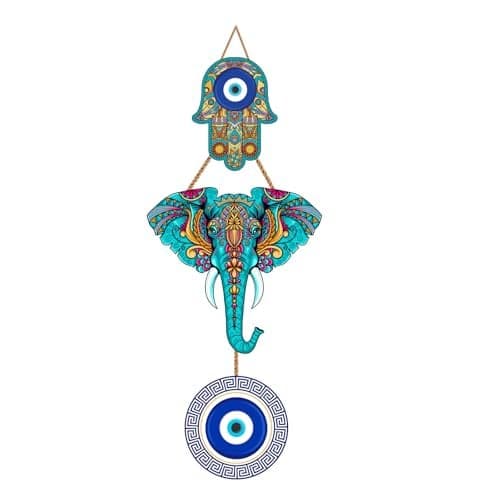 Kaameri Bazaar Evil Eye Hanging for Home Entrance, Elephant Design Wooden Turkish Blue Nazar Battu for Home Entrance, Wall Hanging Ornament & Spiritual Wall Art, Evil Eye Hanging for Cars Inside