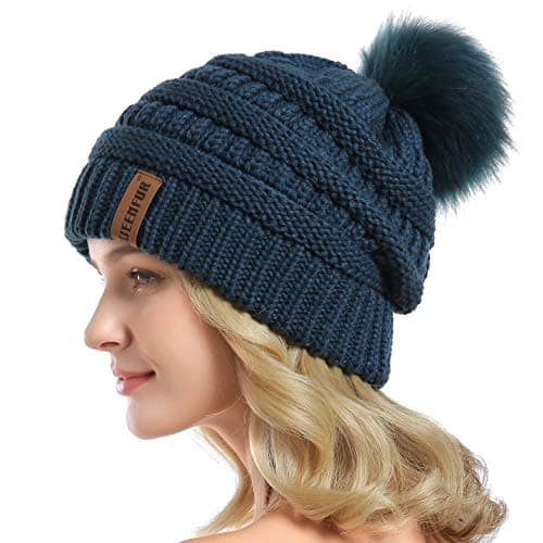 QUEENFUR Women Knit Slouchy Beanie Chunky Baggy Hat with Faux Fur Pompom Winter Soft Warm Ski Cap