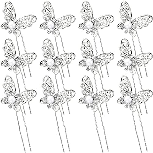 12 Pieces Butterfly Hair Pin Butterfly Hair Clips Crystal Pearl Hair Clips Bridal Wedding Hair Pins Bride Headwear Hair Accessories for Women(Charming Style)