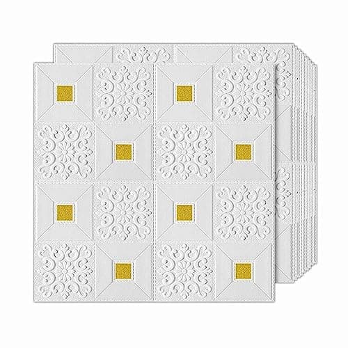 ANH MART 5 Pack White Golden Self-Adhesive Waterproof PE Foam 3D Wall Panels 4mm Thickness Wallpaper Sticker for Bathroom, Living Room, and Home Decoration,70 x 77cm, Appx. 5.8 Sq Feet.