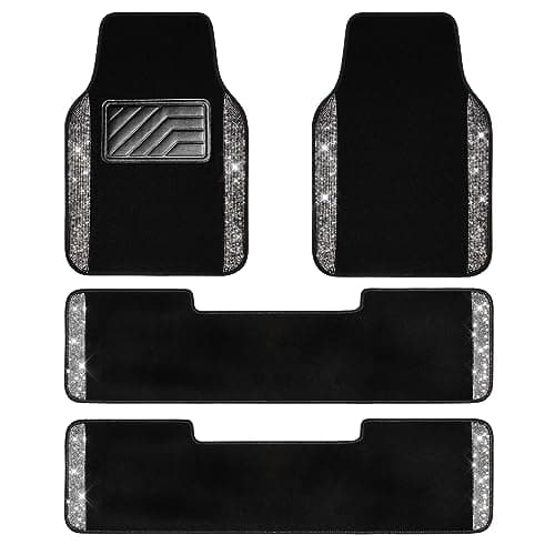 CAR PASS 3 Row Bling Diamond Car Mats Shining Carpet Rhinestones Sparkly Glitter Floor Mats Anti-Slip PVC Heel Pad Universal for Automotive SUV,Sedan,Van, 3rd Row 2 Rear for Girl Women, Black Silver