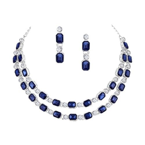 Atasi International Double Layer Silver Plated White and Blue Crystals Diamond Necklace with Earrings for Women - Jewellery Set for Party, Wedding, Engagement (RB6184)