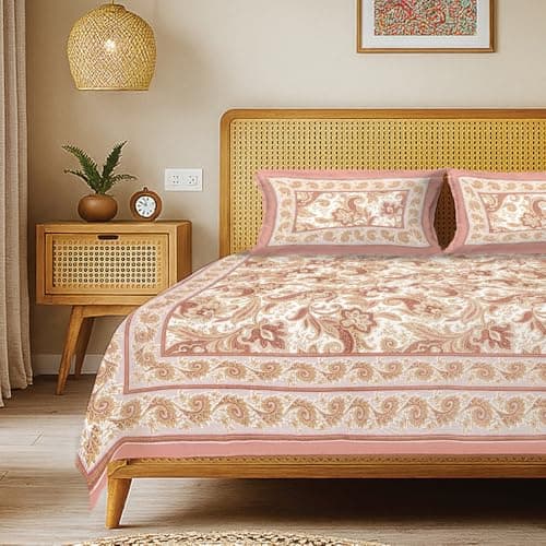 Urban Space 100% Cotton Jaipuri Handblock Printed Double Bedsheet with 2 Pillow Covers, 200 TC Cotton Bedsheet (Size 90 x 100 inches, Rangmahal)