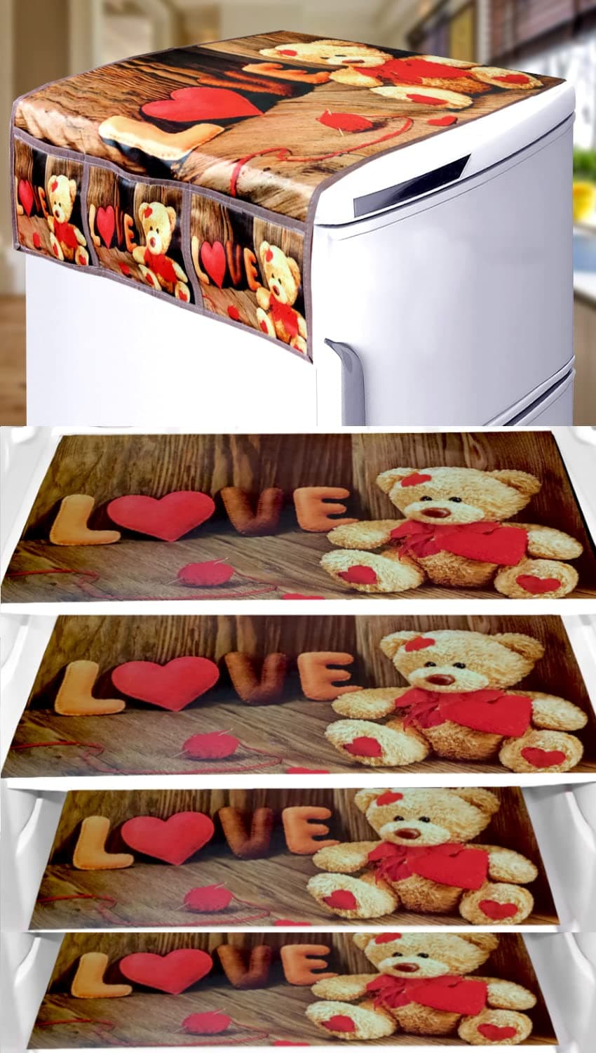KANUSHI Industries® 1Pc Fridge Cover for Top with 6 Utility Pockets + Taddy Design 4 Fridge Mats (FRI-TADDY-TOP+M-29-04)
