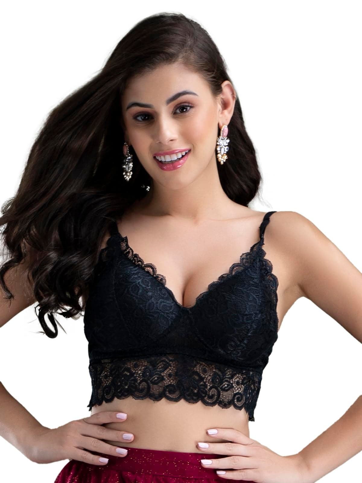 Clovia Women's Lace Solid Padded Full Cup Wire Free Bralette Bra (BR2169P13_Black_32B)