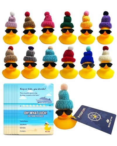 Artreeiger Cruise Duck Tags Set Includes 12 Cruise Rubber Ducks with Sunglasses Hat for Cruise Ships 12 Cruising Duck Tag Card 12 Rubber Bands for Hiding Carnival Cruise Ducking Game Party