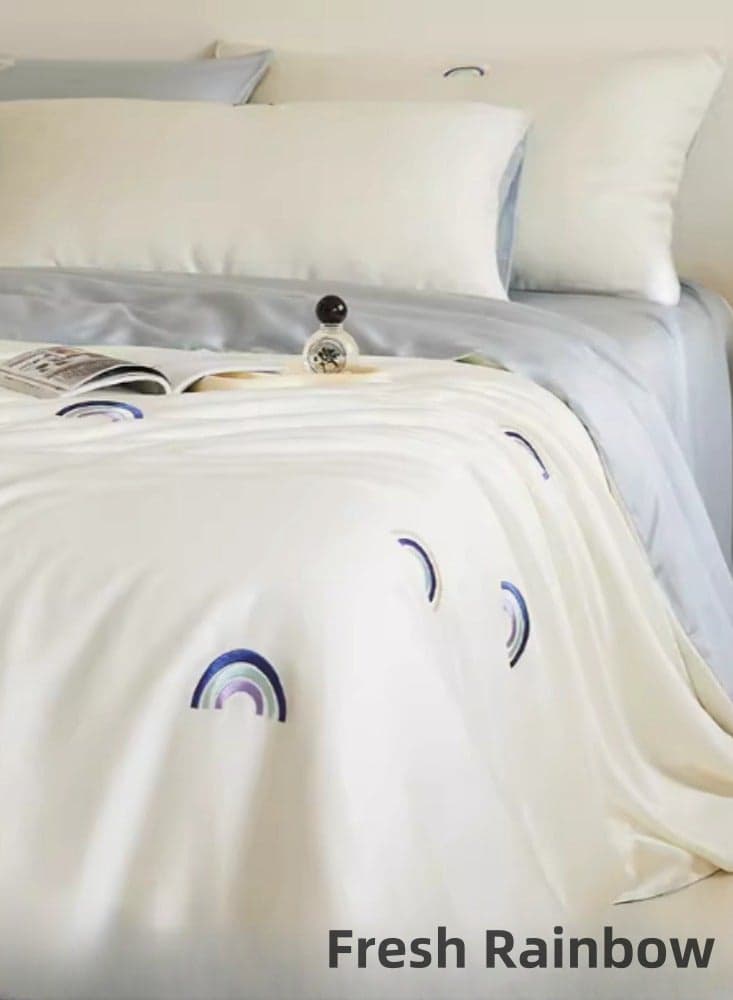 High end 60S Pro Lanjing Tencel Cartoon Embroidery Four piece Set Summer Ice Silk Sleeping Bed Sheet Bedding Set Suitable for 1.5m Fitted Sheet Four piece Set