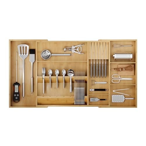Landmok Bamboo Silverware Drawer Organizer 17722953 Inch Expandable Large Kitchen Drawer Organizer 58 Slot Flatware with Removable Card Slots Knife Block for Spoon Butter Knive Natural