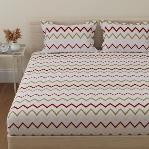 Huesland by Ahmedabad Cotton 144 TC Cotton Bedsheet for Double Bed King Size with 2 Pillow Covers | White, Red & Green